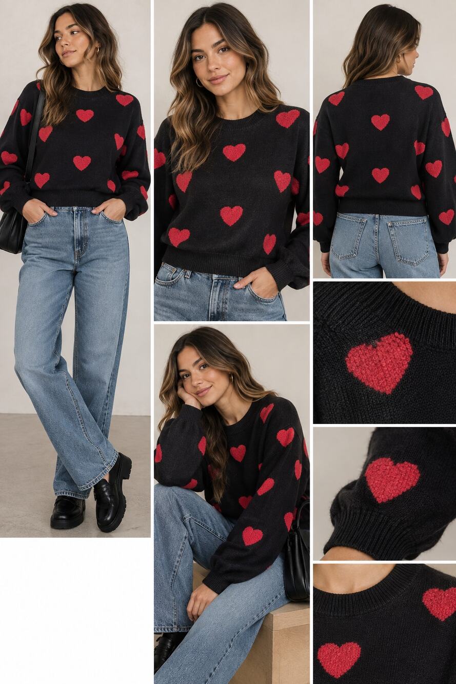 Black Red Heart Sweater M Emo 2016 Y2K Fall Grunge Punk Valentine Cosy Oversized